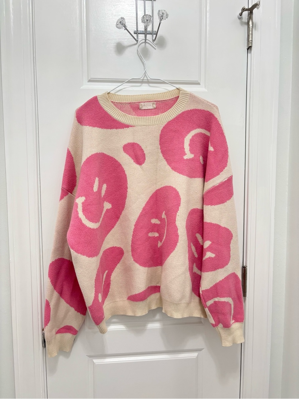Altar'd State Cream Sweater with Pink Smiley Motifs